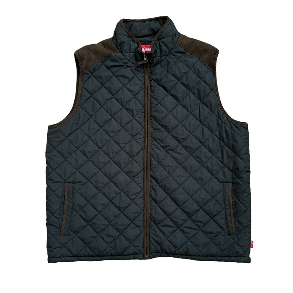Coleman Men XXL Full Zip Quilted Vest Black Brown Suede Trim Pockets Sleeveless